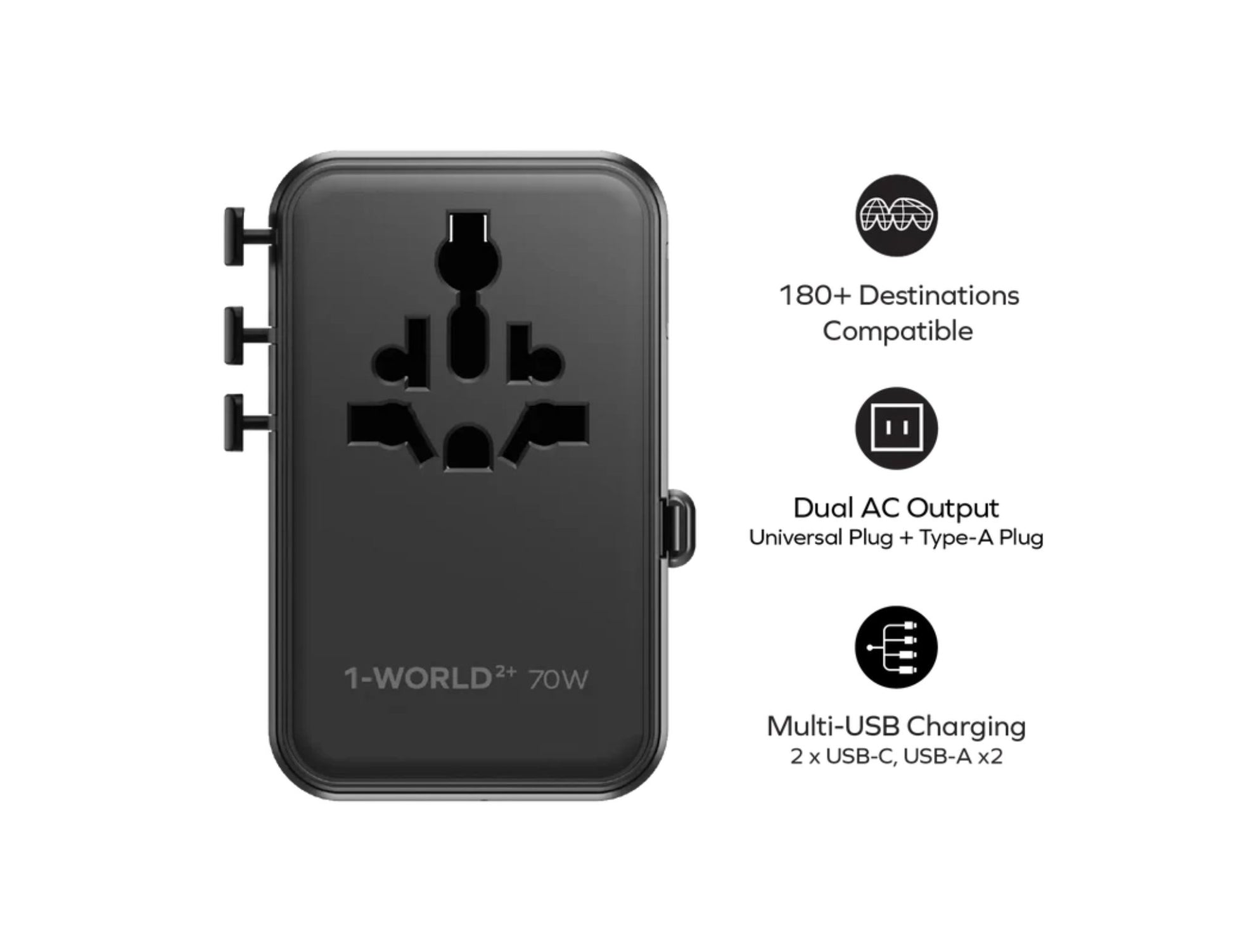 Momax 1-World²⁺ 70W dual AC travel adapter with retractable USB-C cable and universal plugs.