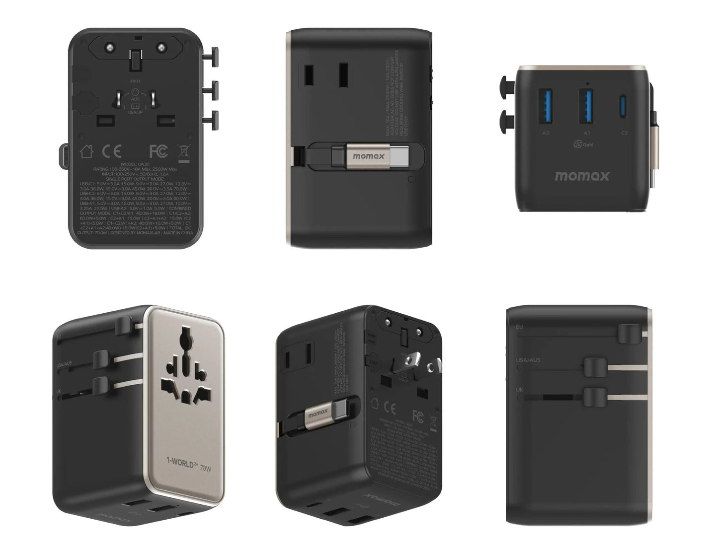 Momax 1-World²⁺ 70W dual AC travel adapter with retractable USB-C cable and universal plugs.