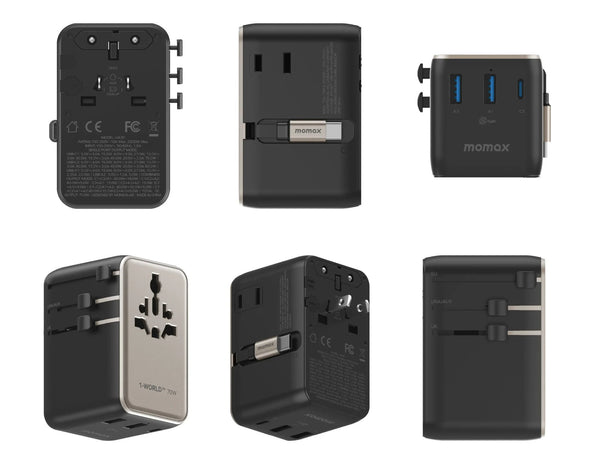 Momax 1-World²⁺ 70W dual AC travel adapter with retractable USB-C cable and universal plugs.