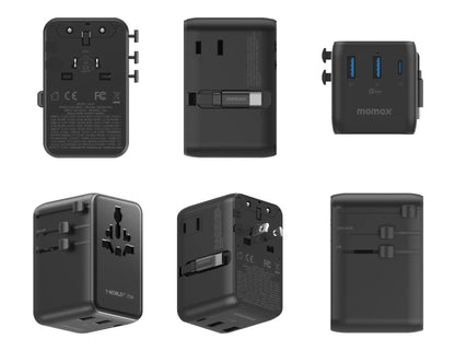 Momax 1-World²⁺ 70W dual AC travel adapter with retractable USB-C cable and universal plugs.