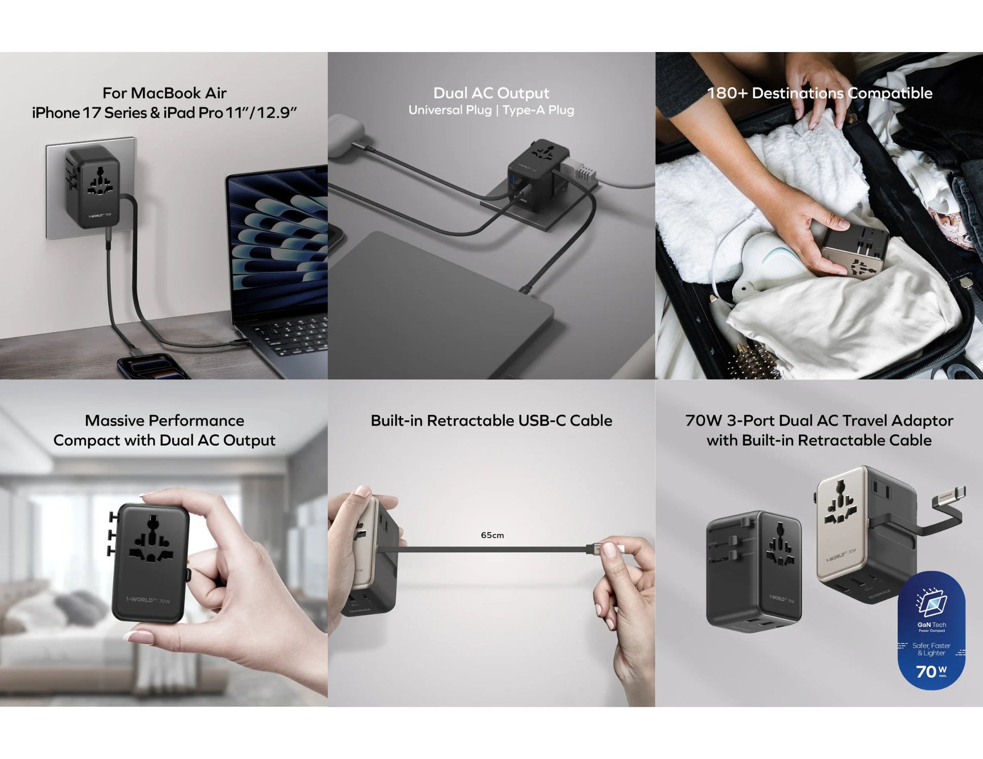 Momax 1-World²⁺ 70W dual AC travel adapter with retractable USB-C cable and universal plugs.