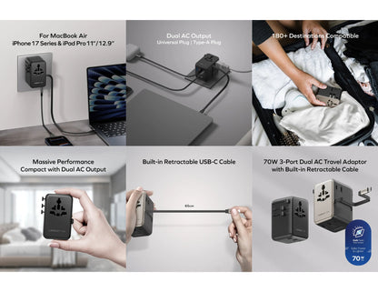 Momax 1-World²⁺ 70W dual AC travel adapter with retractable USB-C cable and universal plugs.