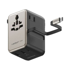 Momax 1-World²⁺ UA30L 70W GaN travel adapter with retractable USB-C cable and dual AC outputs Titanium Qatar
