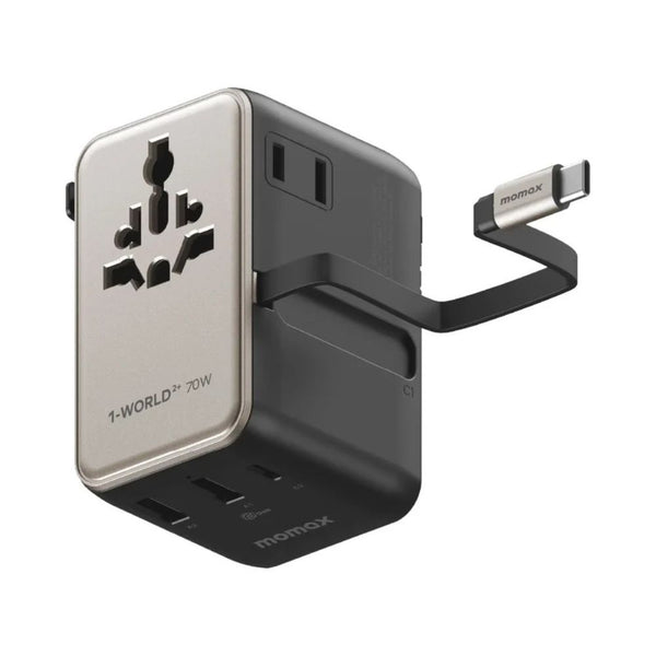 Momax 1-World²⁺ UA30L 70W GaN travel adapter with retractable USB-C cable and dual AC outputs Titanium Qatar
