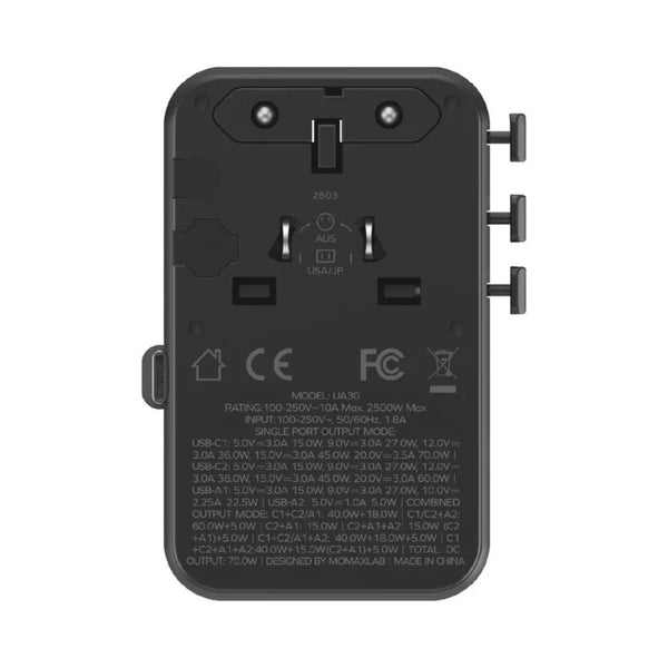 Momax 1-World²⁺ UA30L 70W GaN travel adapter with retractable USB-C cable and dual AC outputs Titanium Qatar