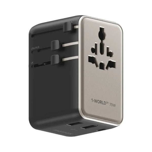 Momax 1-World²⁺ UA30L 70W GaN travel adapter with retractable USB-C cable and dual AC outputs Titanium Qatar