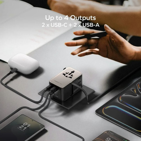 Momax 1-World²⁺ UA30L 70W GaN travel adapter with retractable USB-C cable and dual AC outputs Titanium Qatar