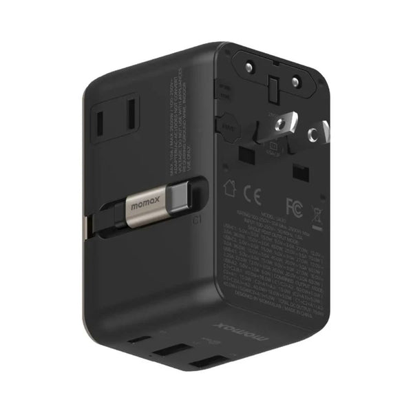 Momax 1-World²⁺ UA30L 70W GaN travel adapter with retractable USB-C cable and dual AC outputs Titanium Qatar
