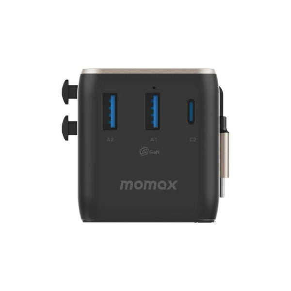 Momax 1-World²⁺ UA30L 70W GaN travel adapter with retractable USB-C cable and dual AC outputs Titanium Qatar