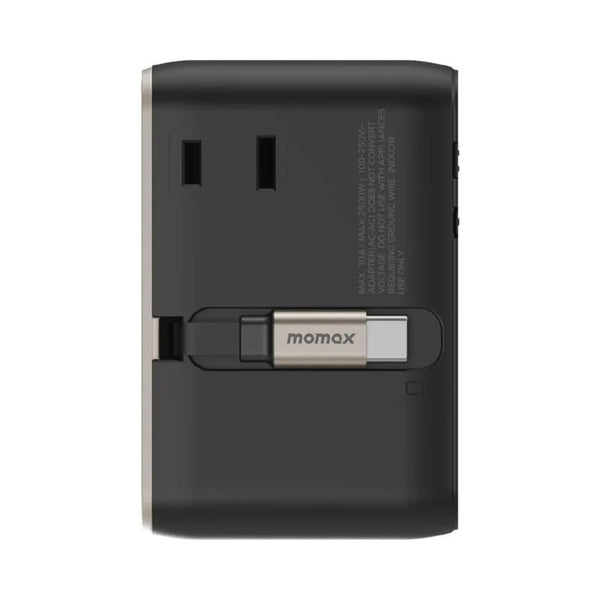 Momax 1-World²⁺ UA30L 70W GaN travel adapter with retractable USB-C cable and dual AC outputs Titanium Qatar
