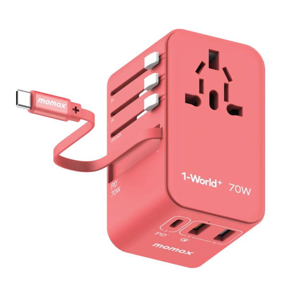 Momax 1-World+ UA18R 70W travel GaN charger with retractable USB-C cable and universal sockets Red Qatar