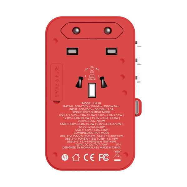 Momax 1-World+ UA18R 70W travel GaN charger with retractable USB-C cable and universal sockets Red Qatar