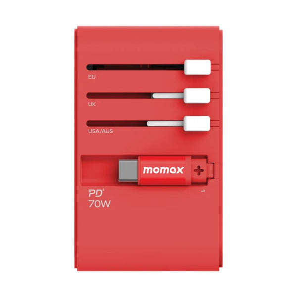 Momax 1-World+ UA18R 70W travel GaN charger with retractable USB-C cable and universal sockets Red Qatar