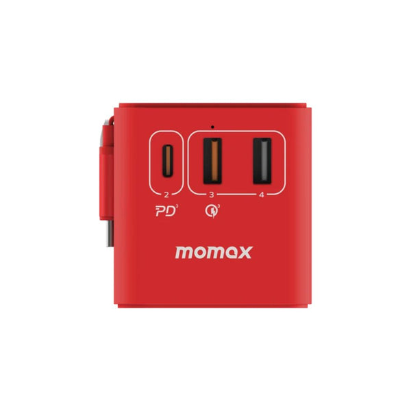Momax 1-World+ UA18R 70W travel GaN charger with retractable USB-C cable and universal sockets Red Qatar