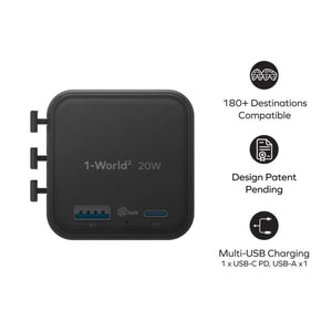 Momax 1-World² UA29D 20W GaN travel charger Black with USB-C PD, USB-A ports and worldwide plug compatibility Qatar