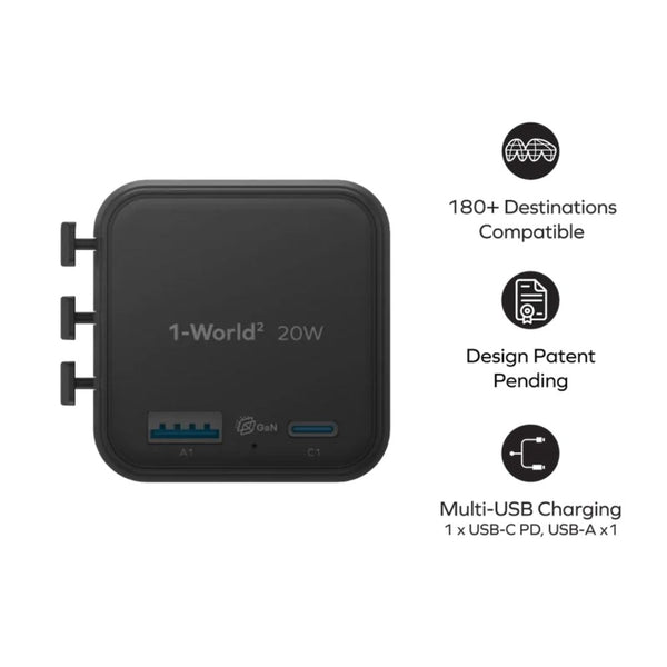 Momax 1-World² UA29D 20W GaN travel charger Black with USB-C PD, USB-A ports and worldwide plug compatibility Qatar