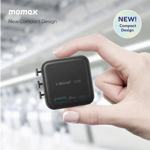Momax 1-World² UA29D 20W GaN travel charger Black with USB-C PD, USB-A ports and worldwide plug compatibility Qatar