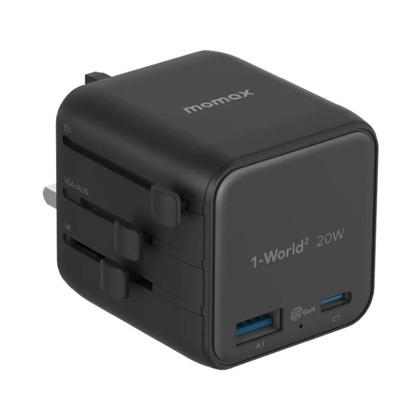 Momax 1-World² UA29D 20W GaN travel charger Black with USB-C PD, USB-A ports and worldwide plug compatibility Qatar