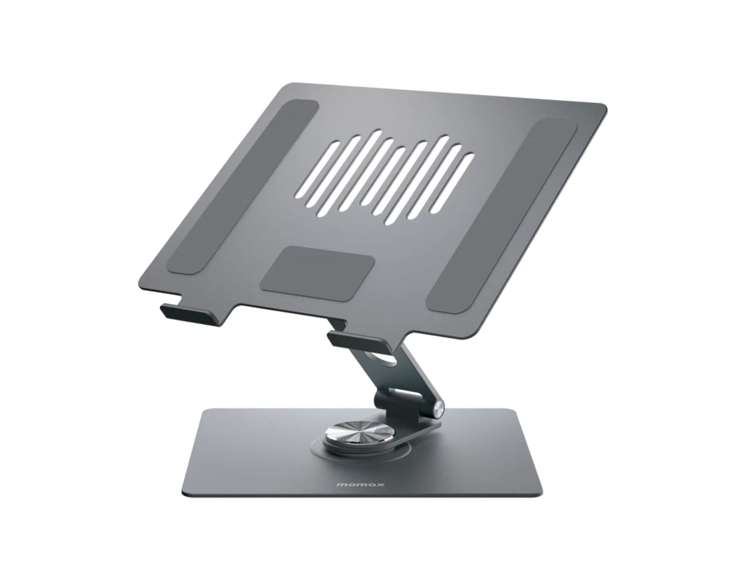 Momax fold stand rotatable tablet and laptop stand space gray with 360 degree rotation.