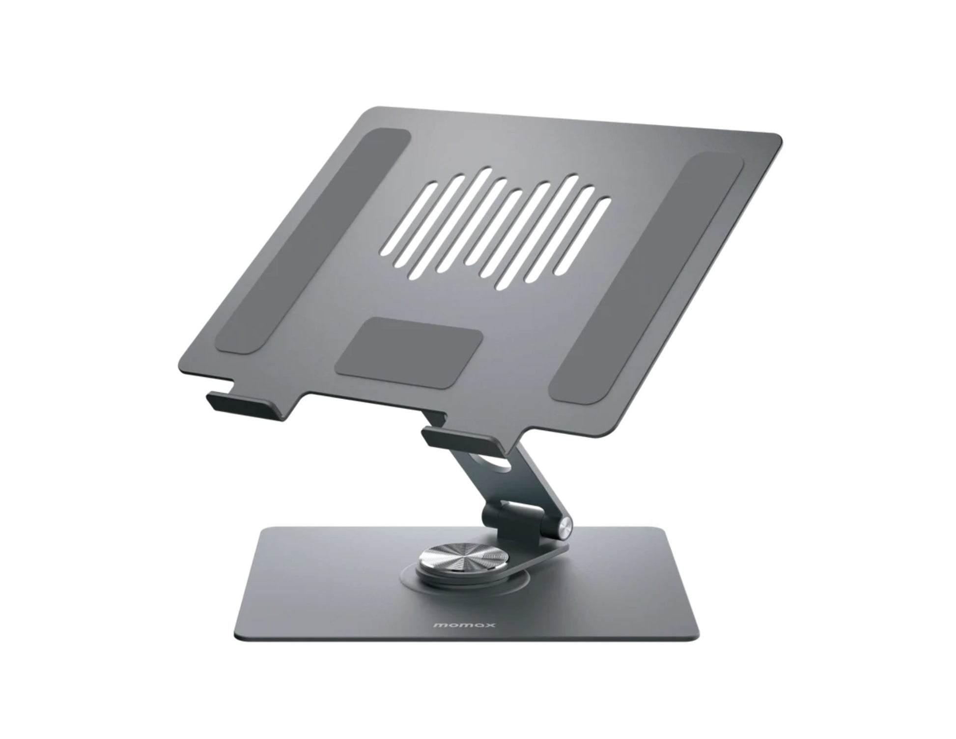 Momax fold stand rotatable tablet and laptop stand space gray with 360 degree rotation.