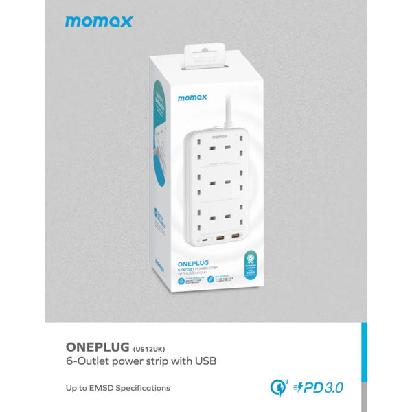 Momax OnePlug 6 outlet power strip with 20W USB-C PD and QC 3.0 fast charging White Qatar