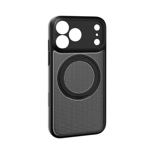 Momax Sōma Crystal Black MagSafe case for iPhone 18 Pro Max with transparent reeded design and 360-degree aluminum kickstand Qatar