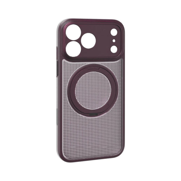 Momax Sōma Crystal Dusky Cherry MagSafe case for iPhone 18 Pro Max with reeded design and 360-degree aluminum kickstand Qatar