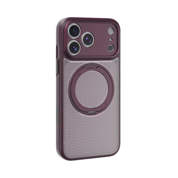 Momax Sōma Crystal Dusky Cherry MagSafe case for iPhone 18 Pro Max with reeded design and 360-degree aluminum kickstand Qatar