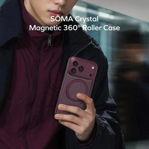 Momax Sōma Crystal Dusky Cherry MagSafe case for iPhone 18 Pro Max with reeded design and 360-degree aluminum kickstand Qatar