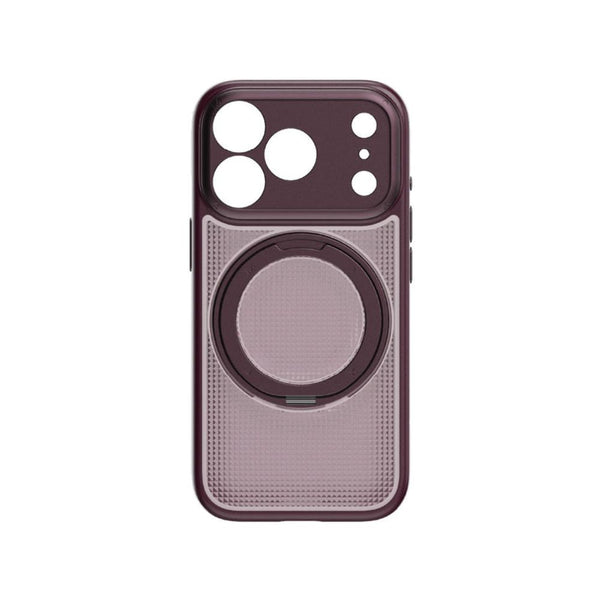 Momax Sōma Crystal Dusky Cherry MagSafe case for iPhone 18 Pro with reeded design and 360-degree aluminum kickstand Qatar