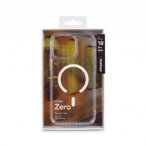 Momax Sōma Zero clear magnetic protective case for iPhone 18 Pro Max with slim design, anti-slip grip and raised camera protection in Qatar