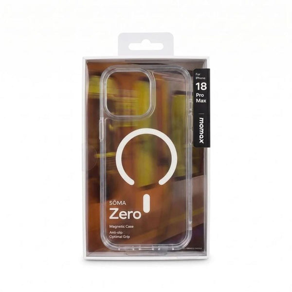 Momax Sōma Zero clear magnetic protective case for iPhone 18 Pro Max with slim design, anti-slip grip and raised camera protection in Qatar