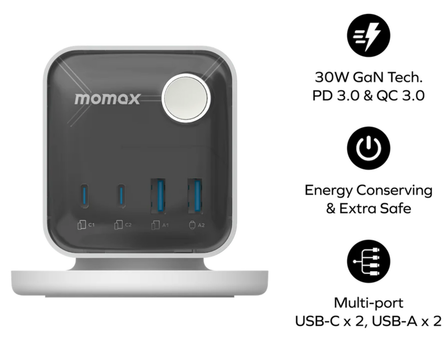 Front view of Momax US20UKW with energy-saving on/off switch.