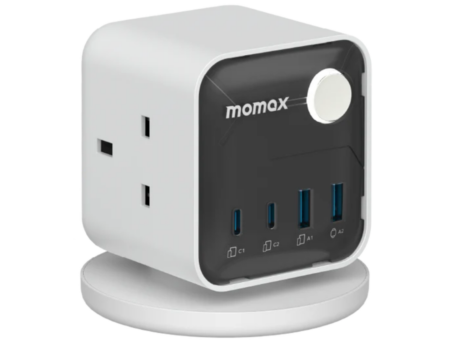 Front view of Momax 1-Charge Work Flow 3-Outlet GaN Power Cube US20UKW with ports visible.