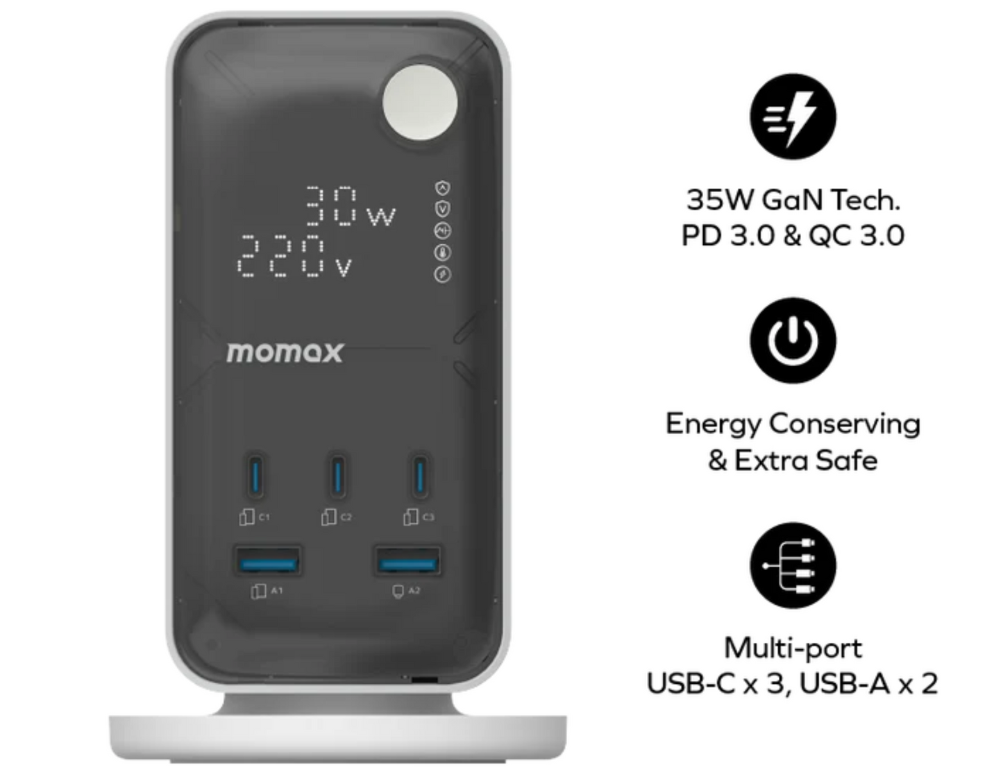 Close-up of digital display showing charging status on Momax US21UKW.