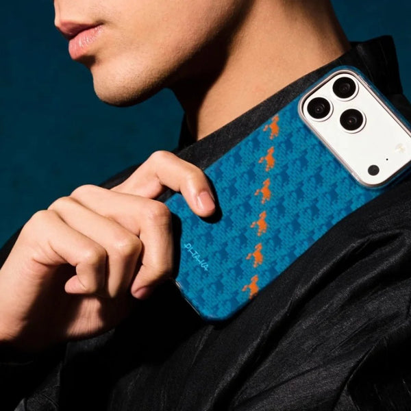 PITAKA Edge Happiness Rides In Indigo ultra slim MagSafe aramid fiber case for iPhone 17 Pro Qatar