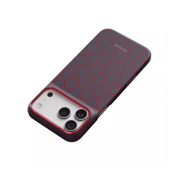 PITAKA Edge Ultra-Slim MagSafe aramid fiber case with PitaTap™ for iPhone 18 Pro Max Blue's Red Argyle Qatar