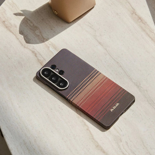 PITAKA Edge Ultra-Slim aramid fiber case with Aaron Button for Samsung Galaxy S26 Ultra Sunset Qatar