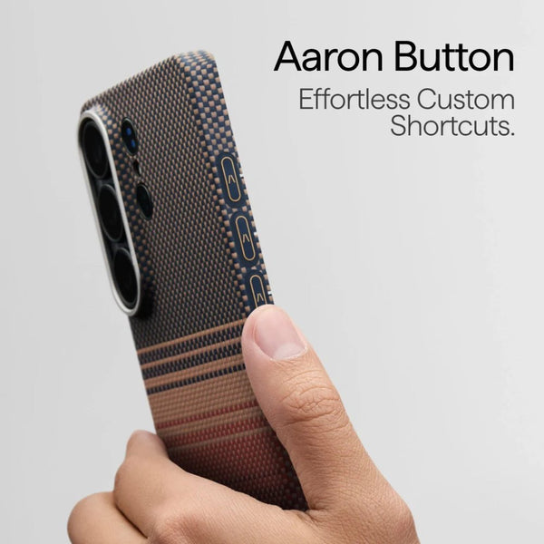 PITAKA Edge Ultra-Slim aramid fiber case with Aaron Button for Samsung Galaxy S26 Ultra Sunset Qatar