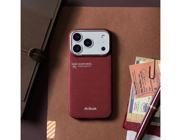 PITAKA Harvard Crimson Edge ultra-slim MagSafe case for iPhone 17 Pro and Pro Max.
