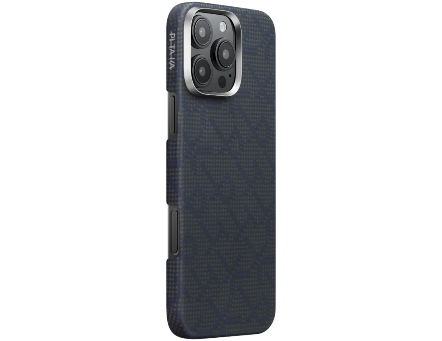 PITAKA Monogram Tactile Woven Case Black Blue KI1603PTK for iPhone 16 Pro & Pro Max, showcasing slim design.