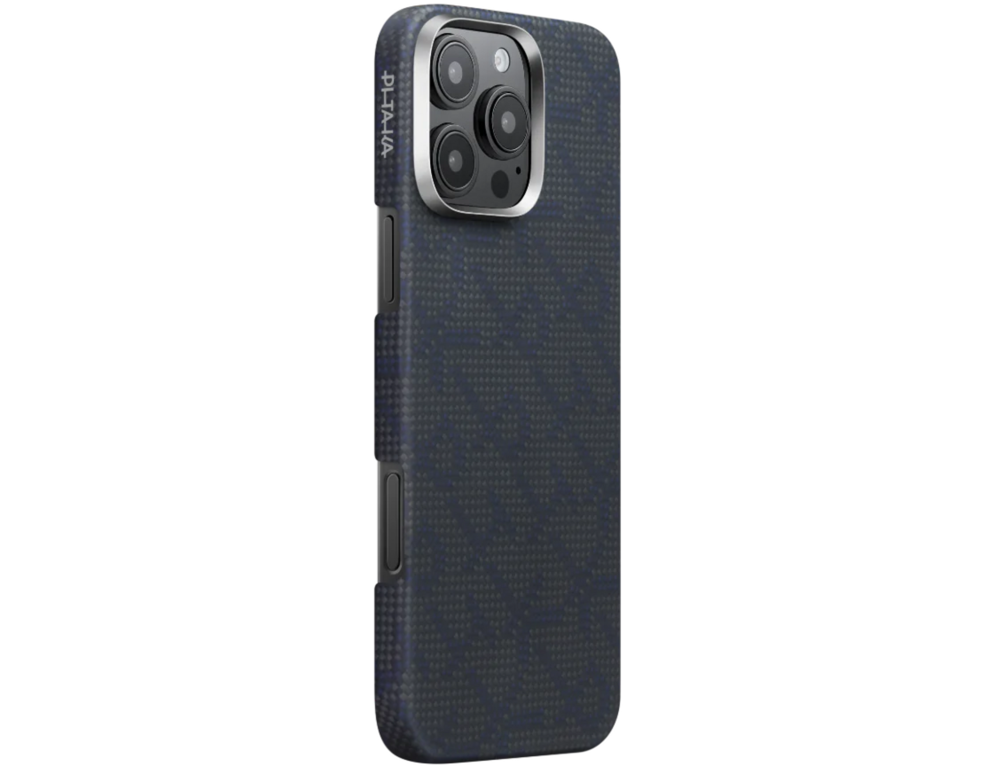 PITAKA Monogram Tactile Woven Case Black Blue KI1603PTK for iPhone 16 Pro & Pro Max, showcasing slim design.