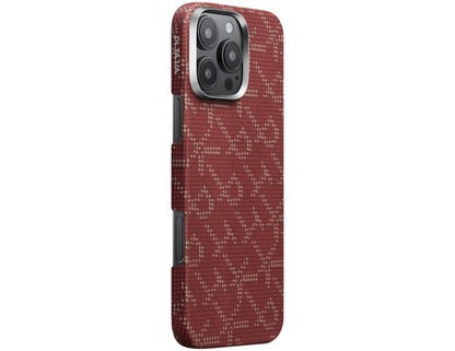 PITAKA Monogram Tactile Woven Case Red Gold KI1602PTKP for iPhone 16 Pro & Pro Max, showcasing slim design.