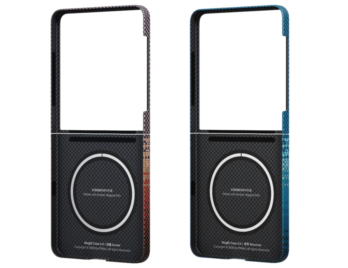 Pitaka Ultra-Slim aramid fiber case for Samsung Galaxy Z Flip 7 with Fusion Weaving, MagSafe compatible, available in Sunset and Moonrise, at Thabthaba Store Qatar