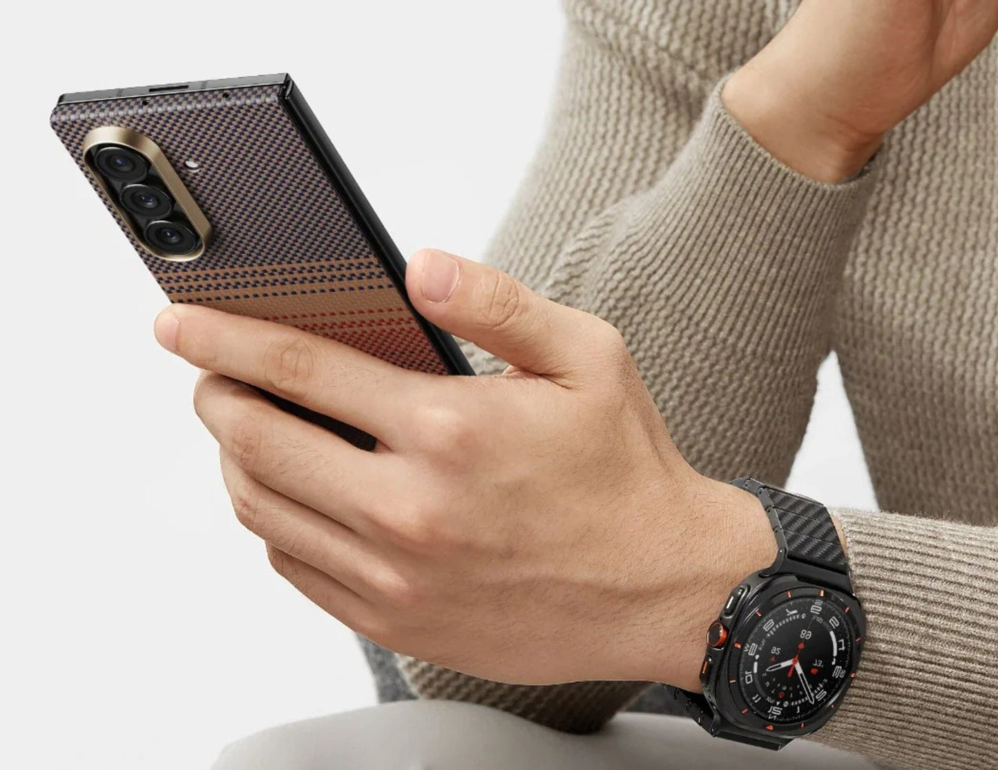 Pitaka Ultra-Slim aramid fiber case for Samsung Galaxy Z Flip 7 with Fusion Weaving, MagSafe compatible, available in Sunset and Moonrise, at Thabthaba Store Qatar