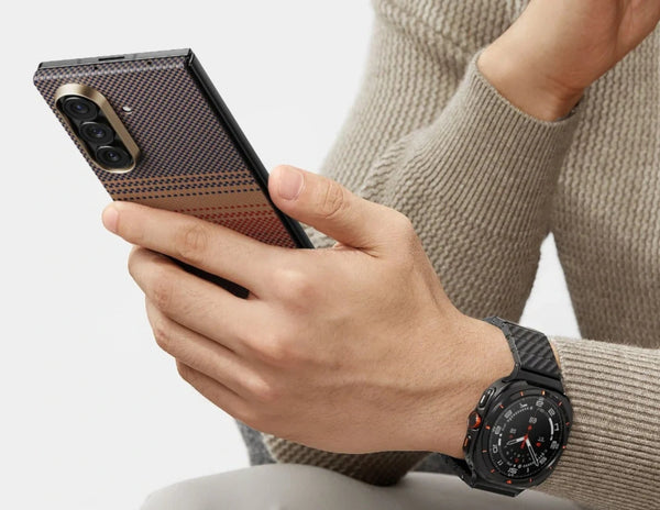 Pitaka Ultra-Slim aramid fiber case for Samsung Galaxy Z Flip 7 with Fusion Weaving, MagSafe compatible, available in Sunset and Moonrise, at Thabthaba Store Qatar