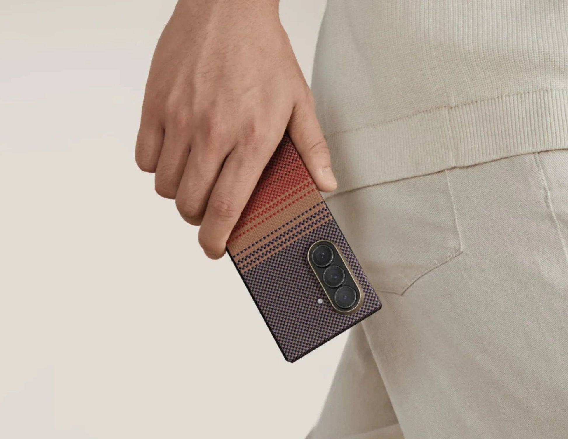 Pitaka Ultra-Slim aramid fiber case for Samsung Galaxy Z Flip 7 with Fusion Weaving, MagSafe compatible, available in Sunset and Moonrise, at Thabthaba Store Qatar