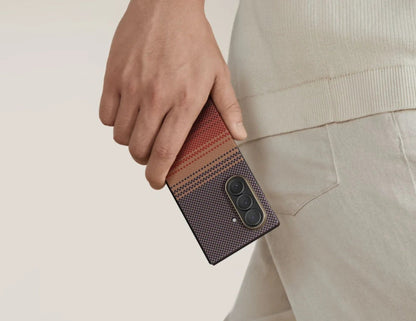 Pitaka Ultra-Slim aramid fiber case for Samsung Galaxy Z Flip 7 with Fusion Weaving, MagSafe compatible, available in Sunset and Moonrise, at Thabthaba Store Qatar