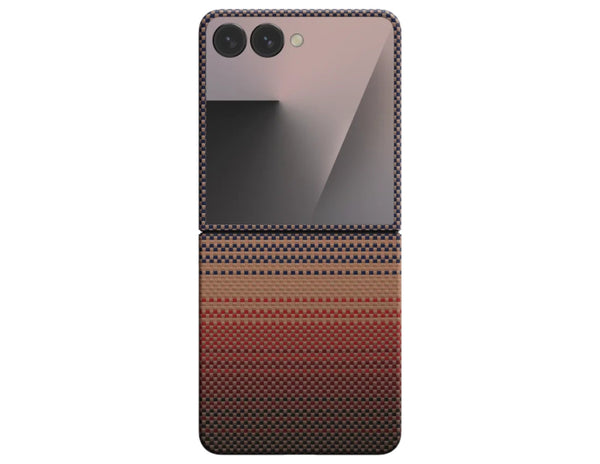 Pitaka Ultra-Slim aramid fiber case for Samsung Galaxy Z Flip 7 with Fusion Weaving, MagSafe compatible, available in Sunset and Moonrise, at Thabthaba Store Qatar