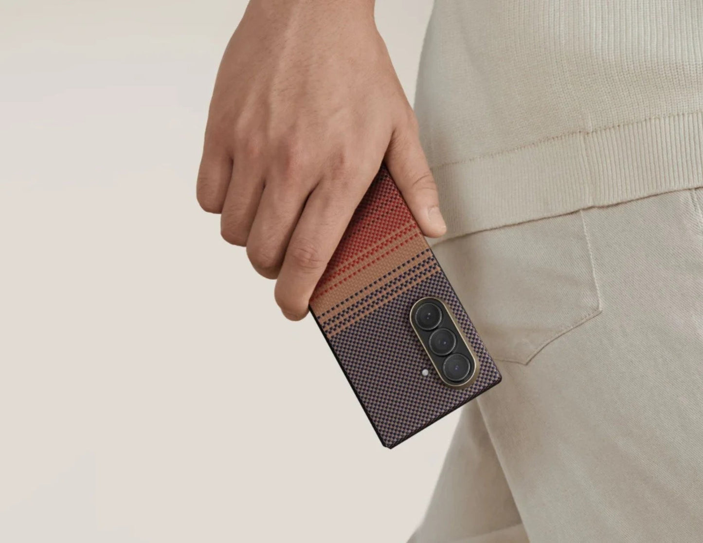 Pitaka Ultra Slim Rear Case for Samsung Galaxy Z Fold 7 with Fusion Weaving aramid fiber, MagSafe compatible, shown in Sunset and Moonrise colors, at Thabthaba Store Qatar